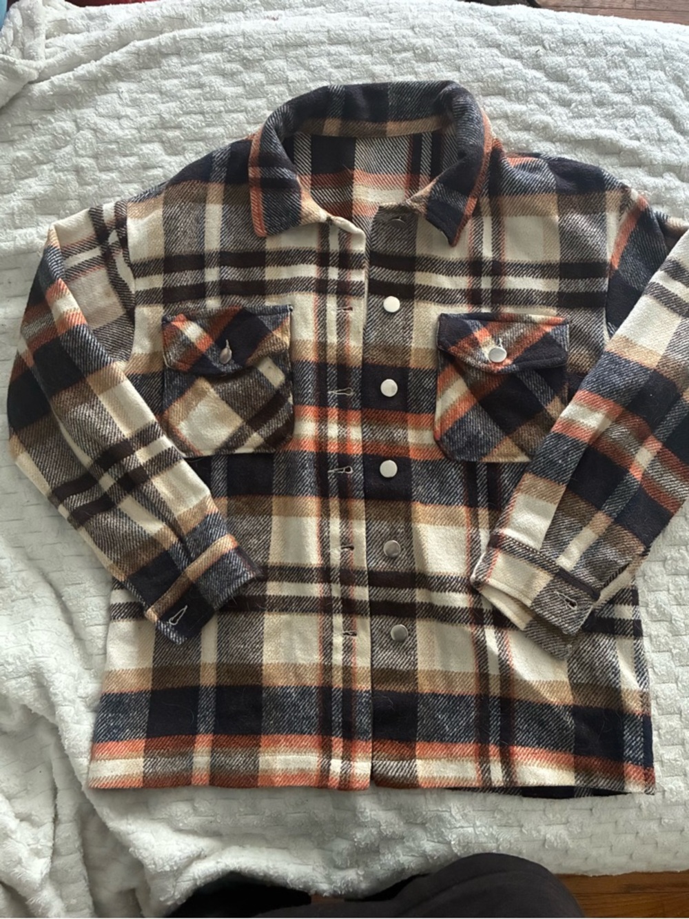Plaid Button-Up Shacket - Cream, Black & Orange